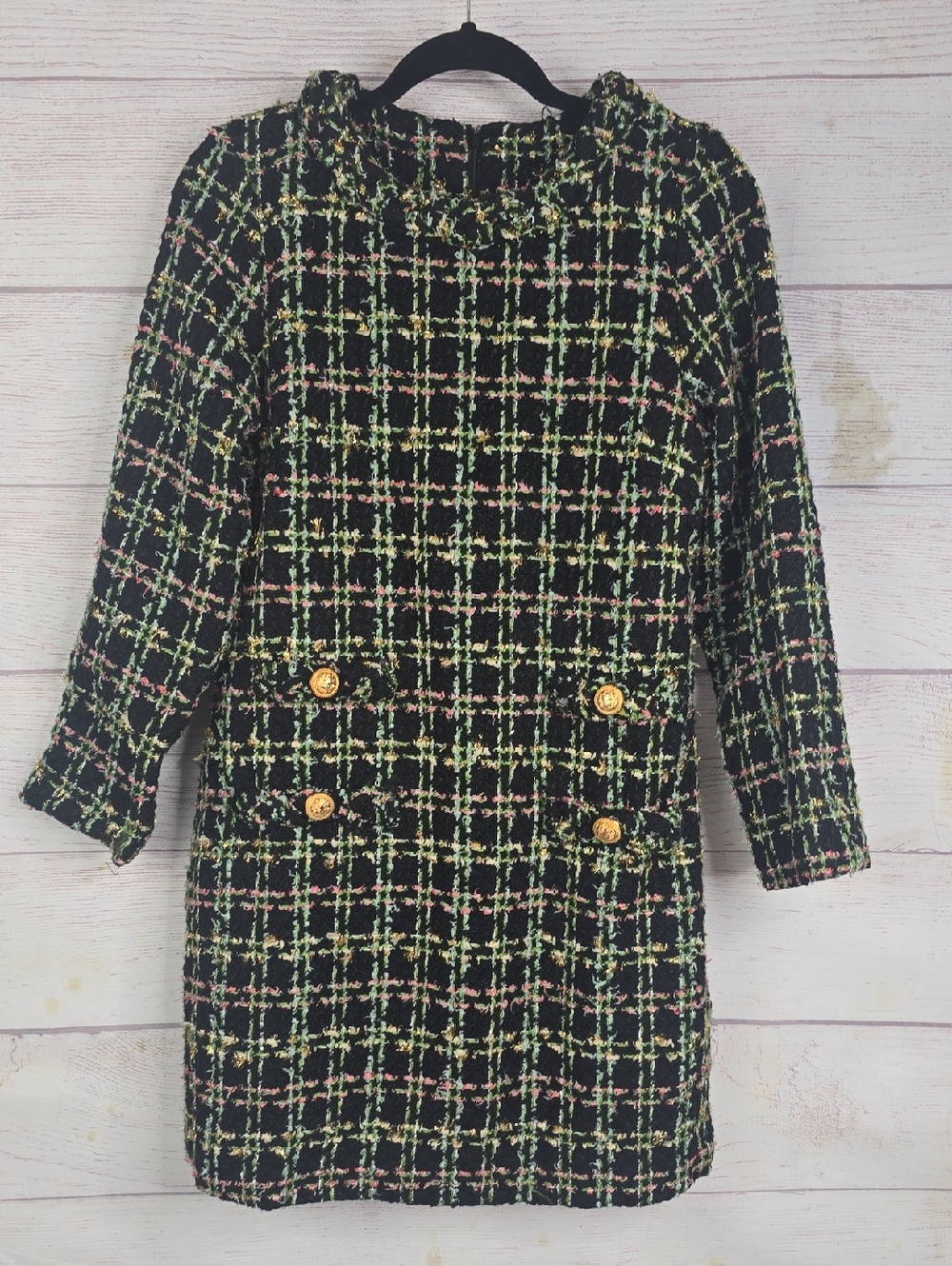 New Collection Black Tweed Shift Dress with Gold Buttons Sz Med NwT